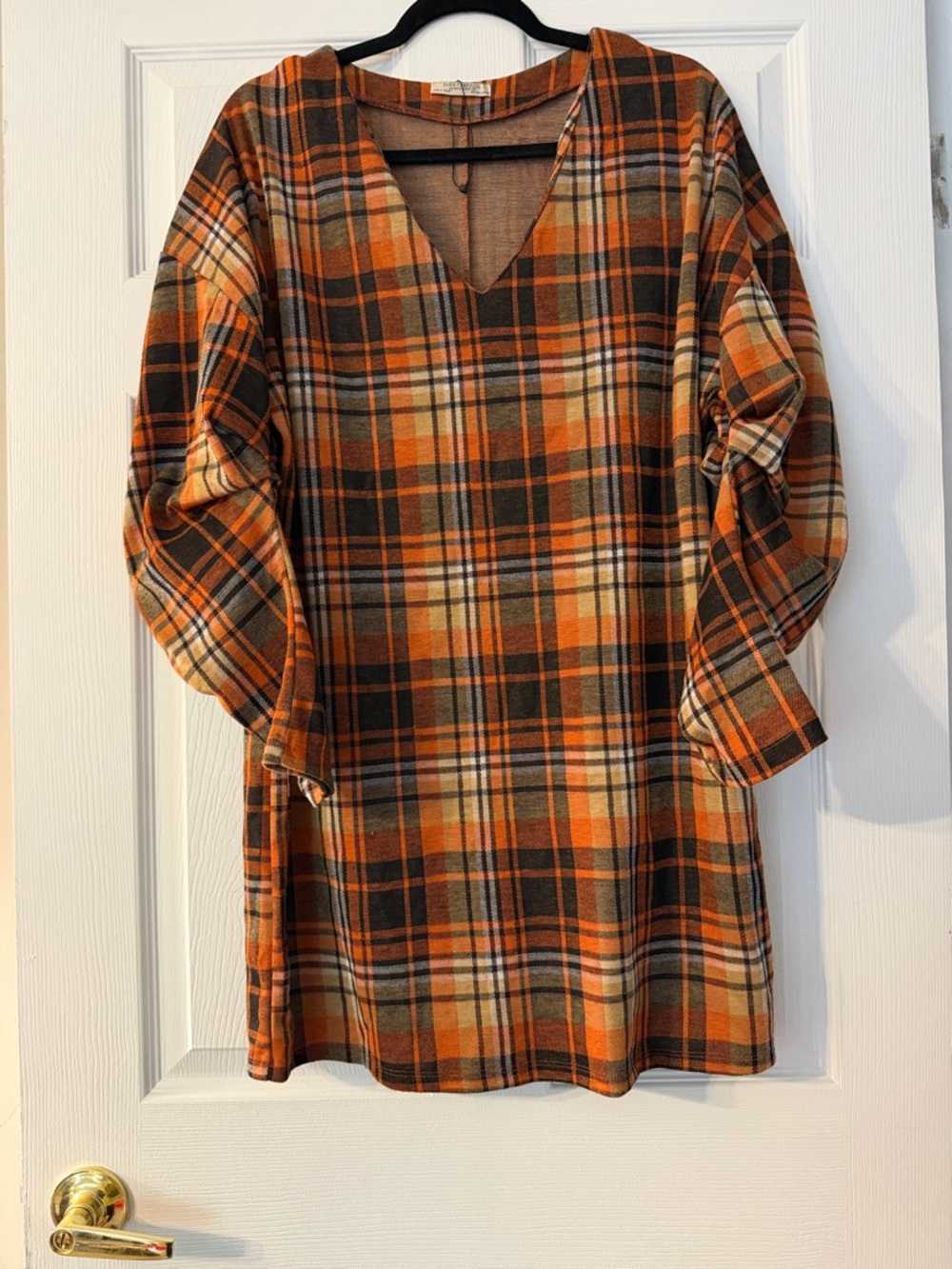 Zara Orange, Brown and Cream Plaid V-Neck Tunic